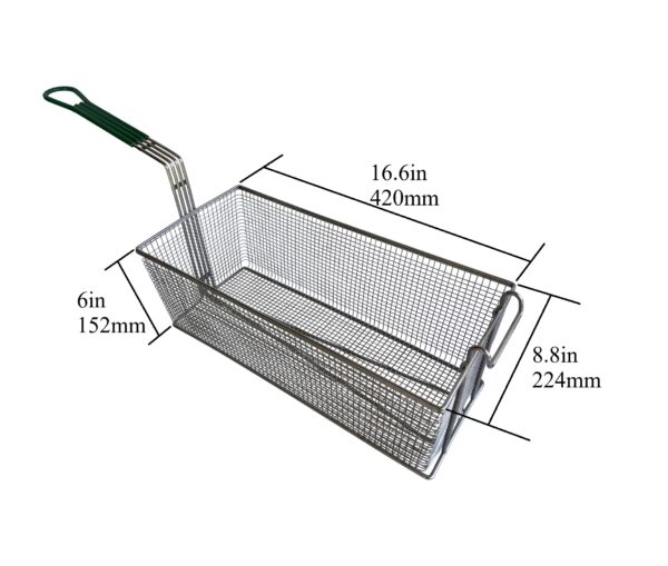 Fry Basket, Stainless Steel, 16.6"x8.8"x6", Green Handle - Image 3