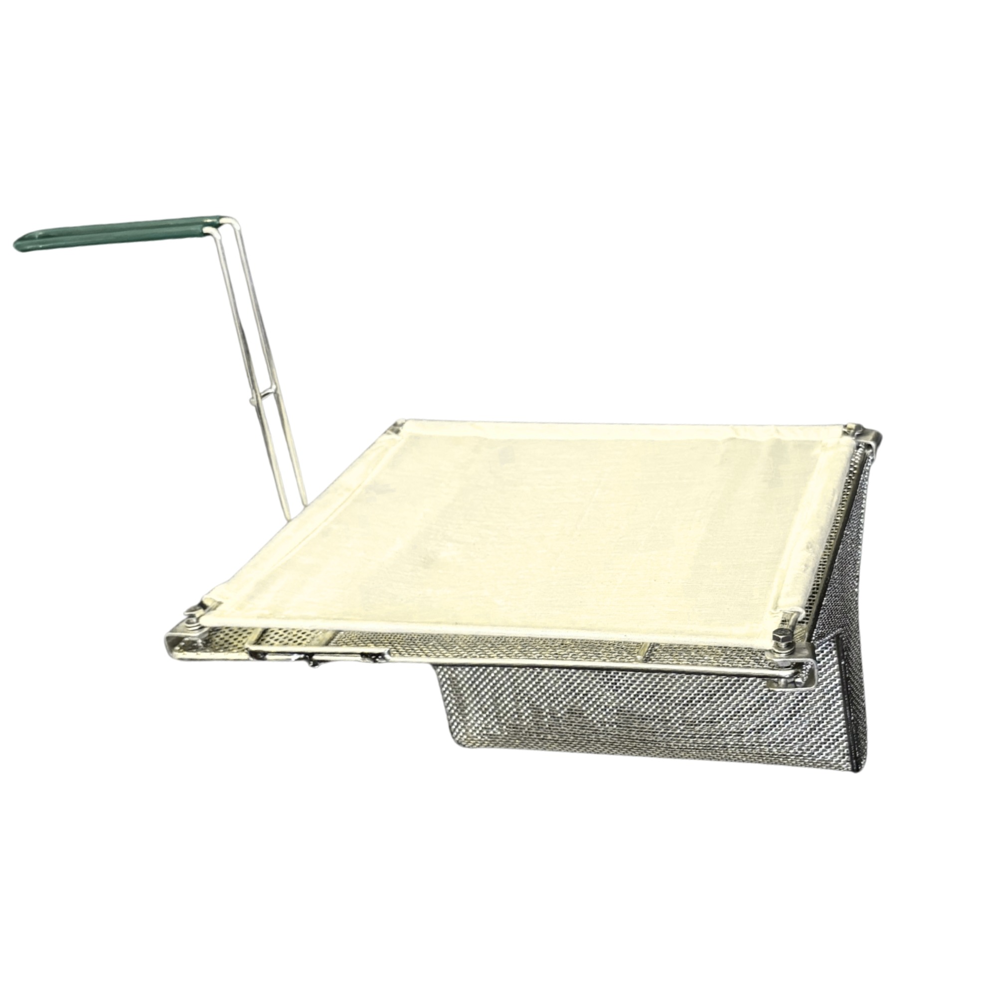 Sediment Tray with Fabric Filter Pad, Stainless Steel, 14.25″ x 11.4″, 6.1″ Deep Mesh Basket, Green Handle - Image 2