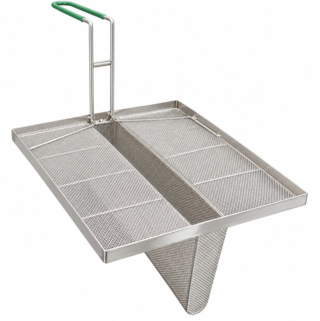 Sediment Tray with 7" Deep Center Trough, Stainless Steel Mesh, 13.5" x 13.2", Green Handle