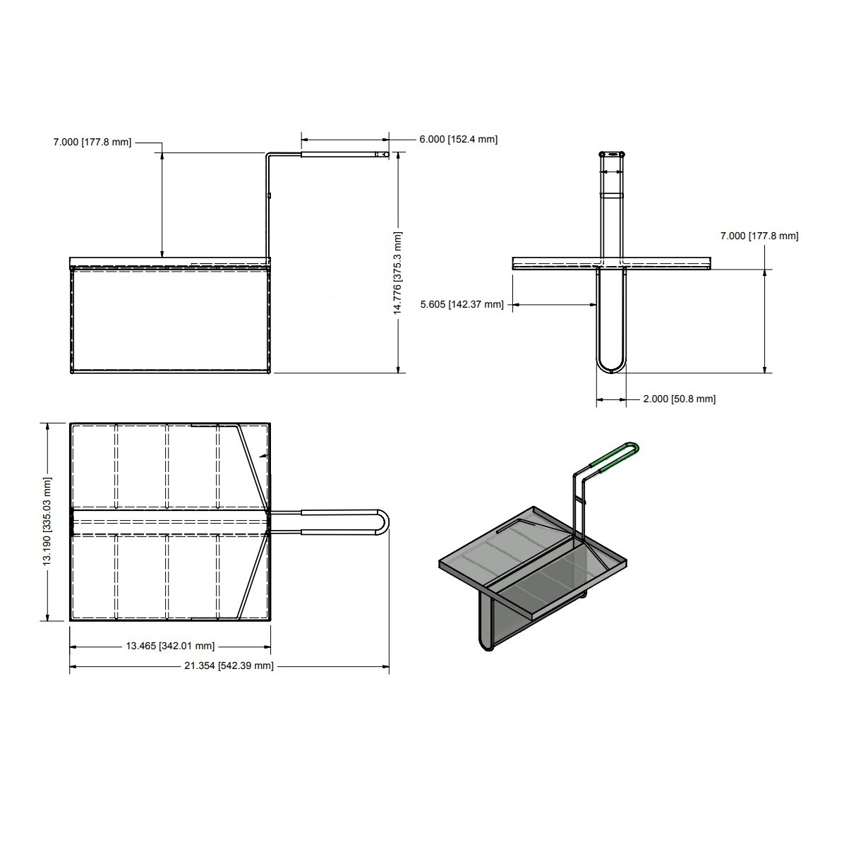 Sediment Tray with 7" Deep Center Trough, Stainless Steel Mesh, 13.5" x 13.2", Green Handle - Image 2