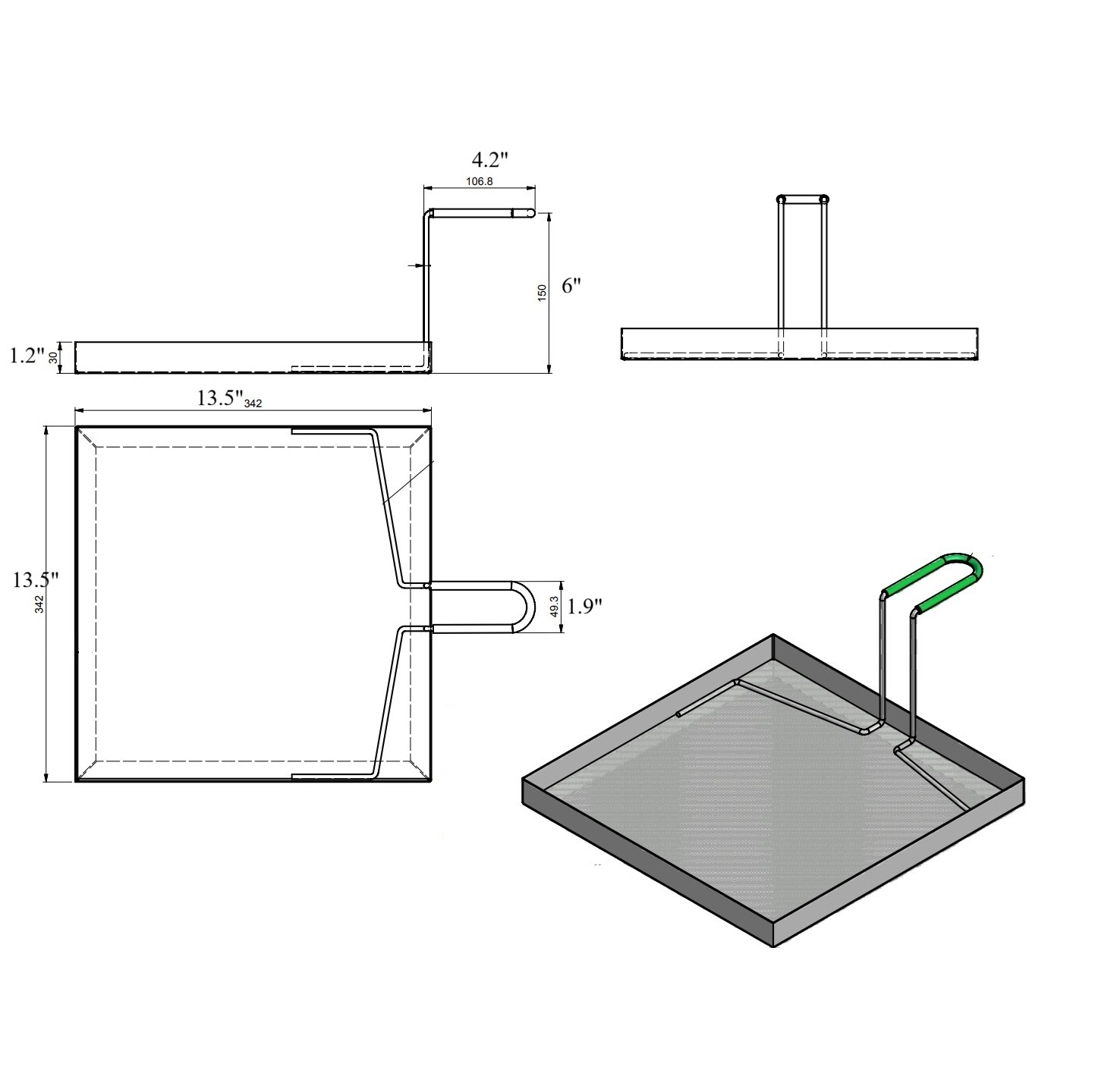 Sediment Tray, 13.5"x13.5" Stainless Steel, Green Handle - Image 2