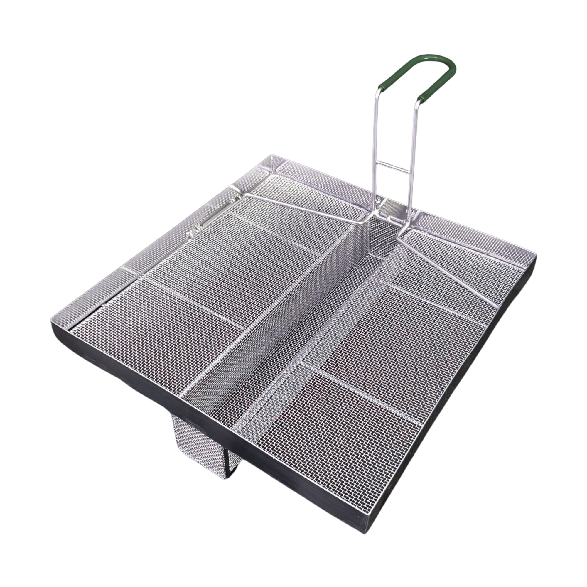 Sediment Tray with 2.4″ Deep U-Shaped Center Trough, Stainless Steel Mesh, 13.5″ x 13.5″, Green Handle