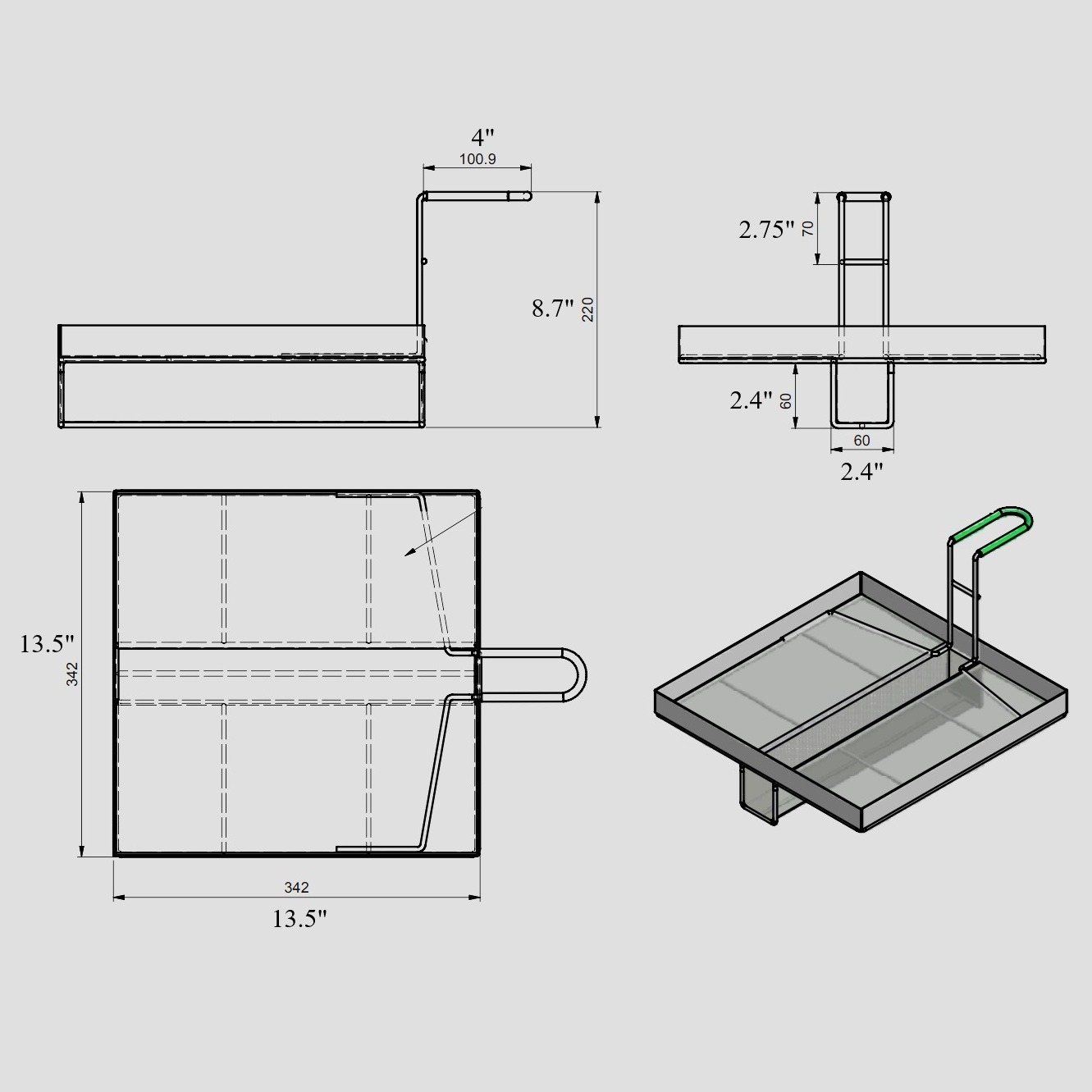 Sediment Tray with 2.4″ Deep U-Shaped Center Trough, Stainless Steel Mesh, 13.5″ x 13.5″, Green Handle - Image 13