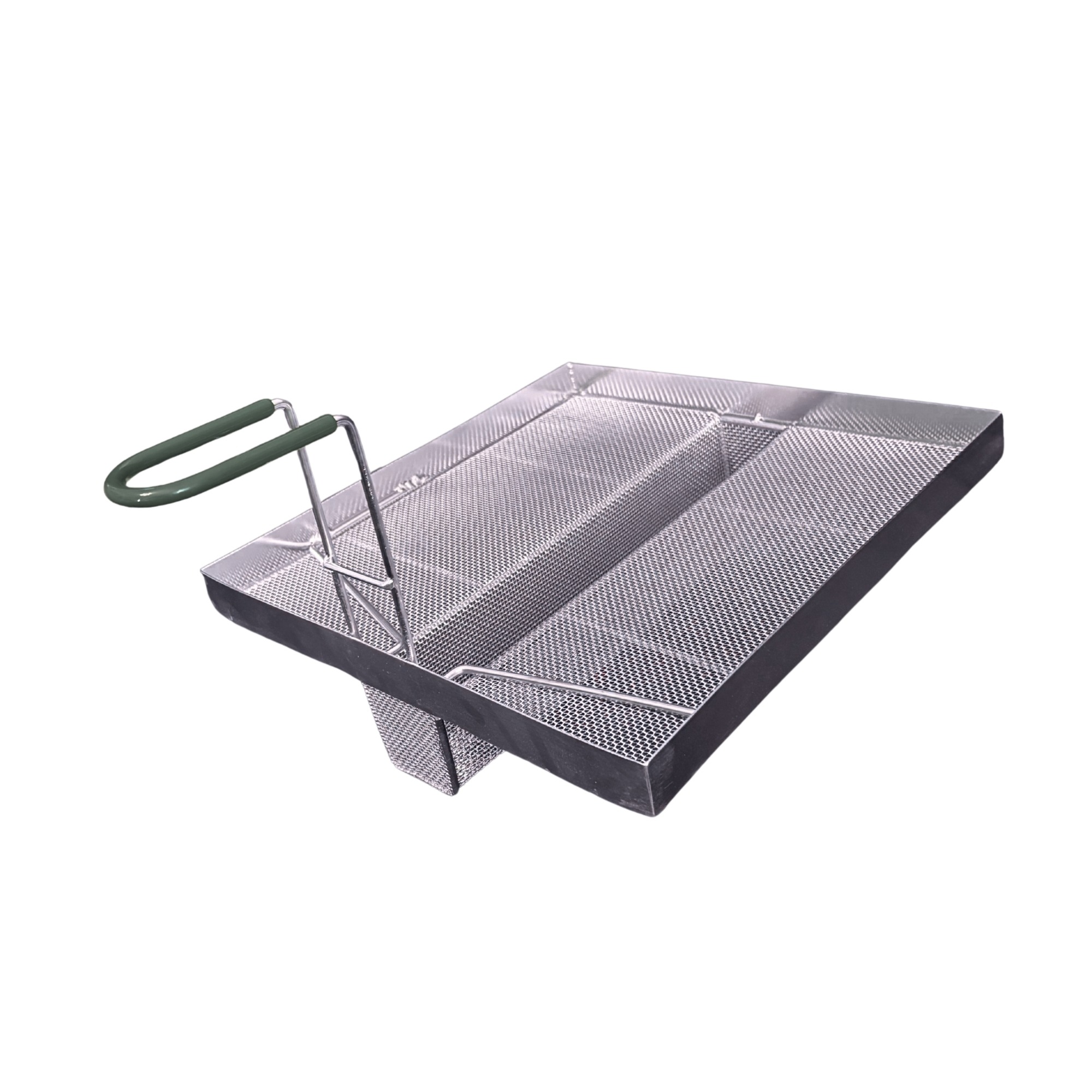 Sediment Tray with 2.4″ Deep U-Shaped Center Trough, Stainless Steel Mesh, 13.5″ x 13.5″, Green Handle - Image 7