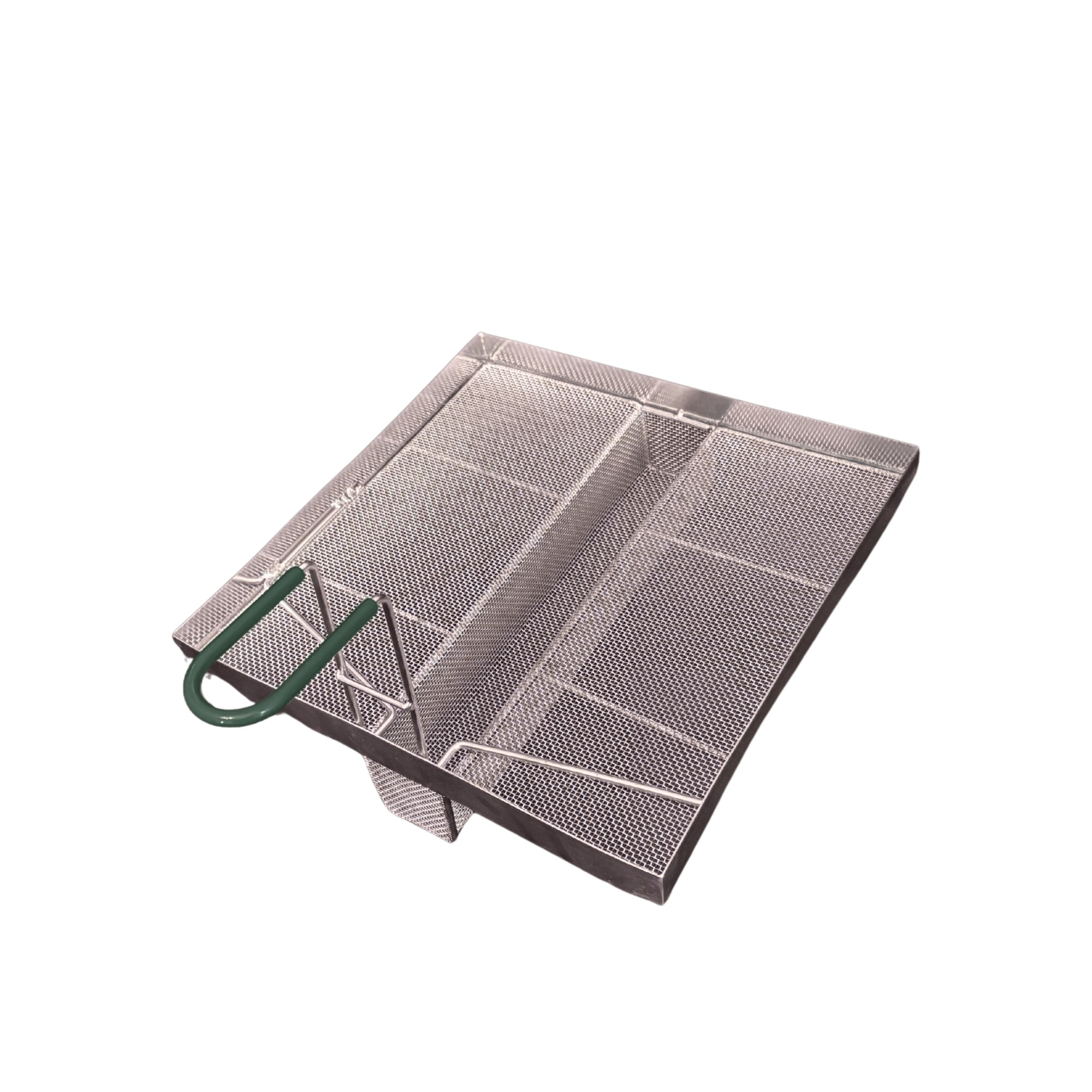 Sediment Tray with 2.4″ Deep U-Shaped Center Trough, Stainless Steel Mesh, 13.5″ x 13.5″, Green Handle - Image 8