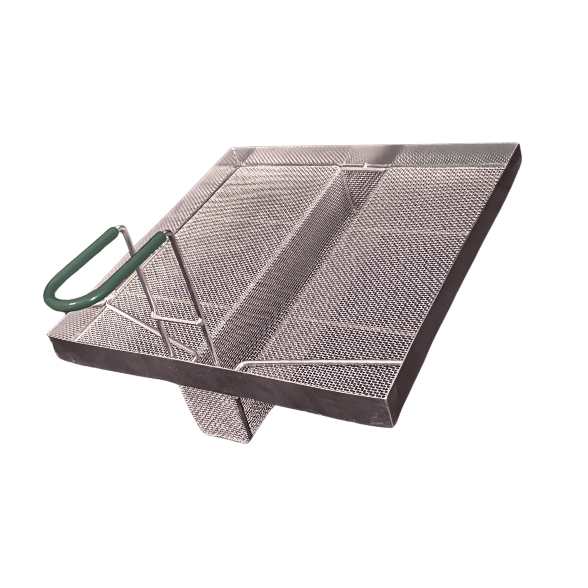 Sediment Tray with 2.4″ Deep U-Shaped Center Trough, Stainless Steel Mesh, 13.5″ x 13.5″, Green Handle - Image 9
