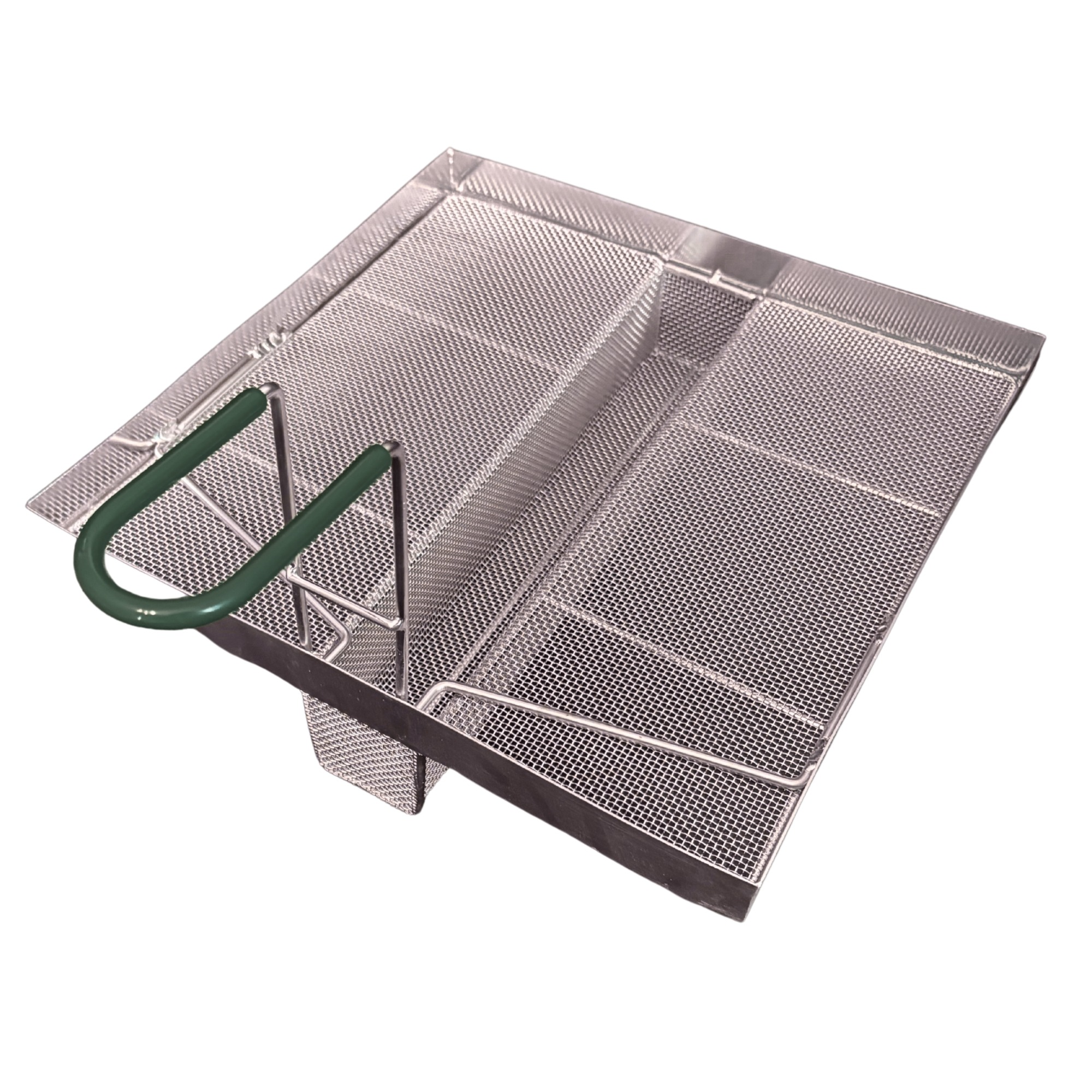 Sediment Tray with 2.4″ Deep U-Shaped Center Trough, Stainless Steel Mesh, 13.5″ x 13.5″, Green Handle - Image 10