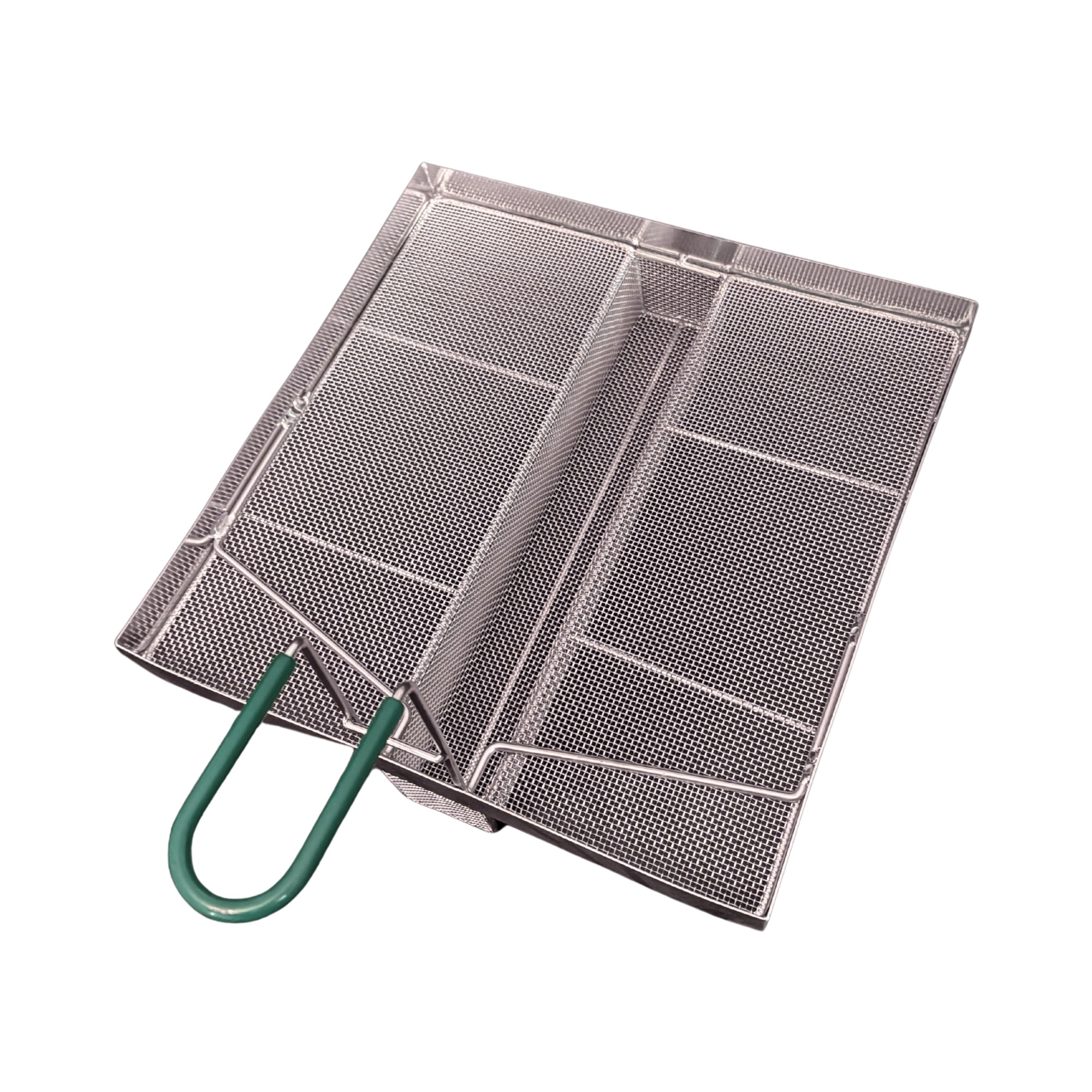 Sediment Tray with 2.4″ Deep U-Shaped Center Trough, Stainless Steel Mesh, 13.5″ x 13.5″, Green Handle - Image 12