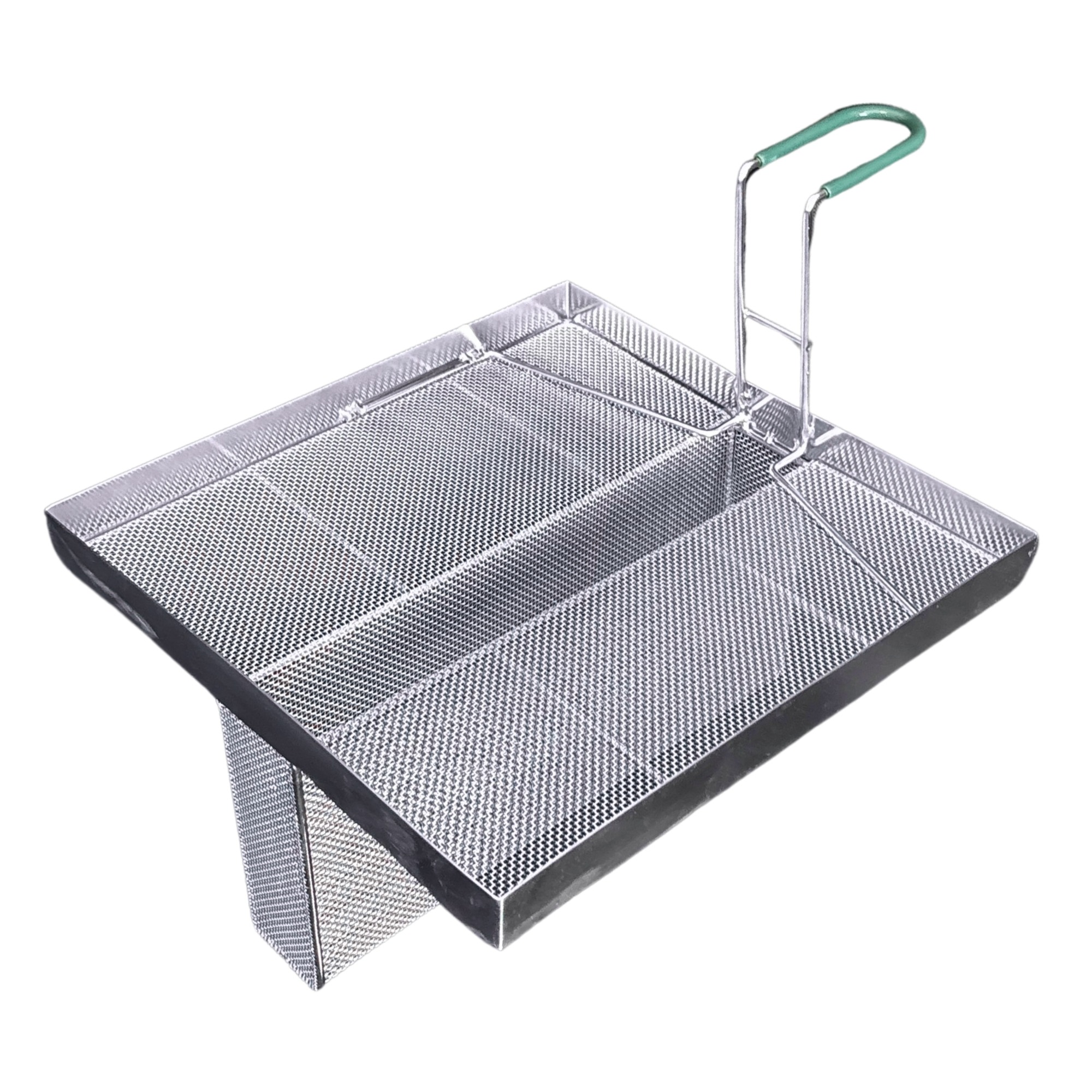 Sediment Tray with 6.3″ Deep Center Trough, Stainless Steel Mesh, 13.5″ x 13.5″, Green Handle