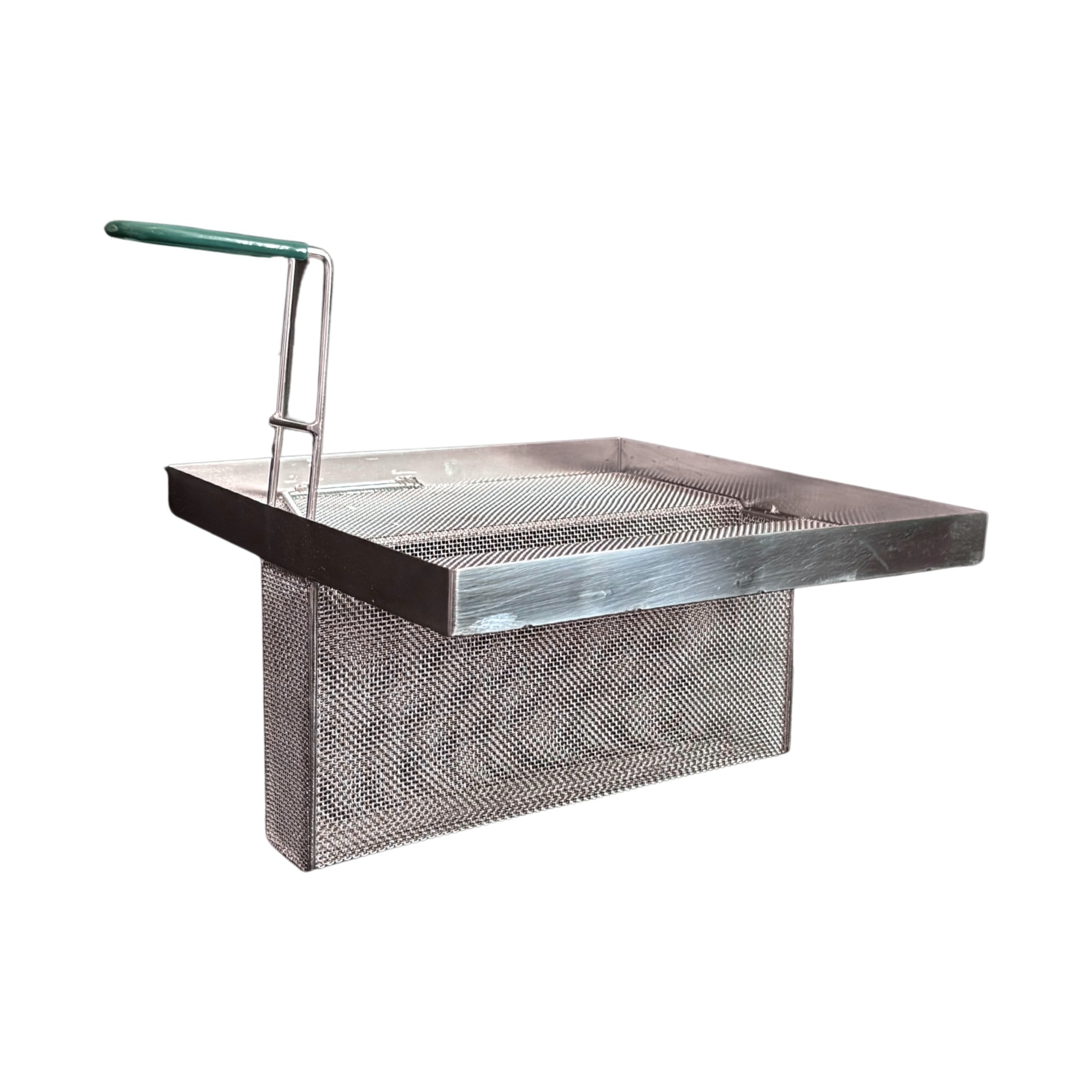 Sediment Tray with 6.3″ Deep Center Trough, Stainless Steel Mesh, 13.5″ x 13.5″, Green Handle - Image 4