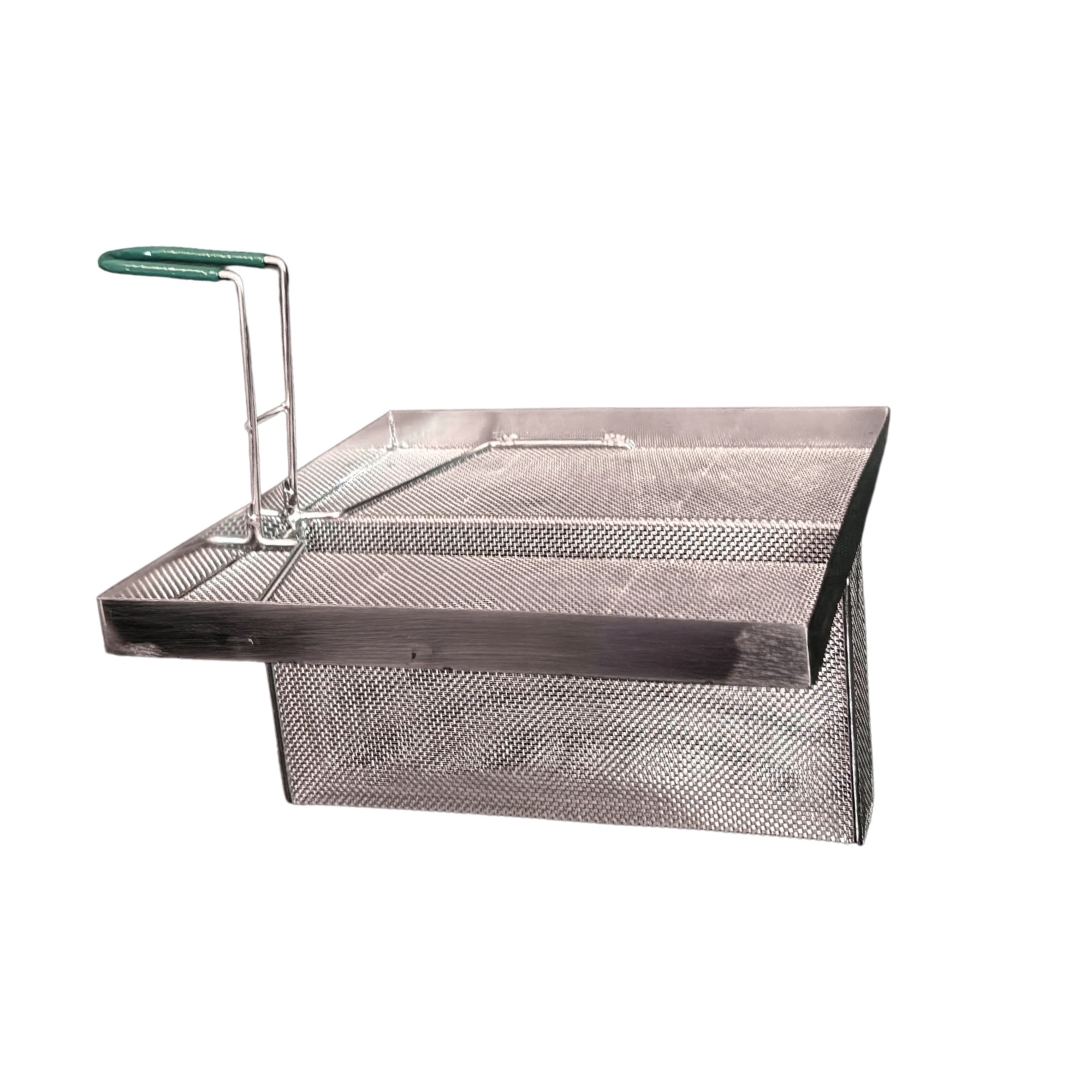 Sediment Tray with 6.3″ Deep Center Trough, Stainless Steel Mesh, 13.5″ x 13.5″, Green Handle - Image 5
