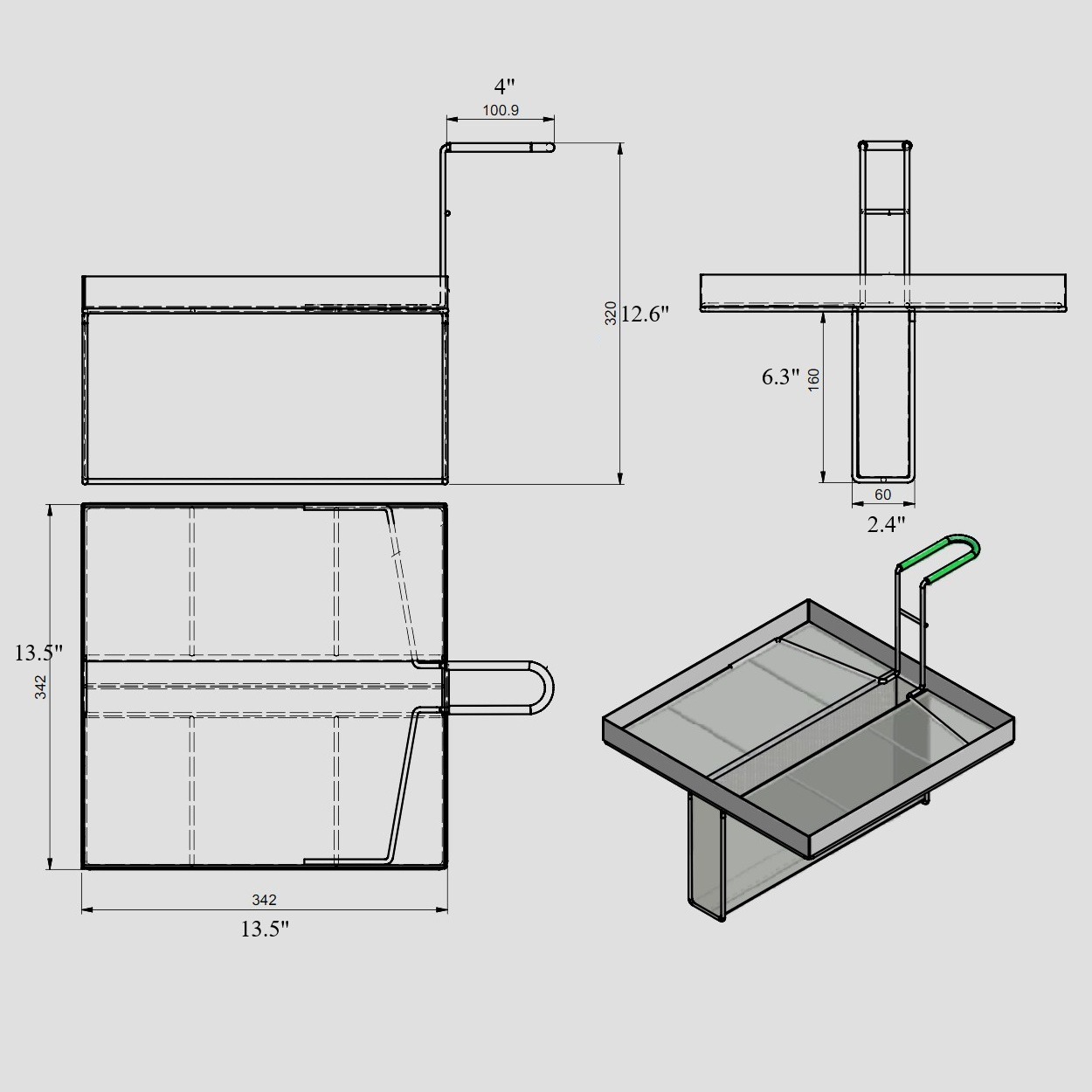 Sediment Tray with 6.3″ Deep Center Trough, Stainless Steel Mesh, 13.5″ x 13.5″, Green Handle - Image 10