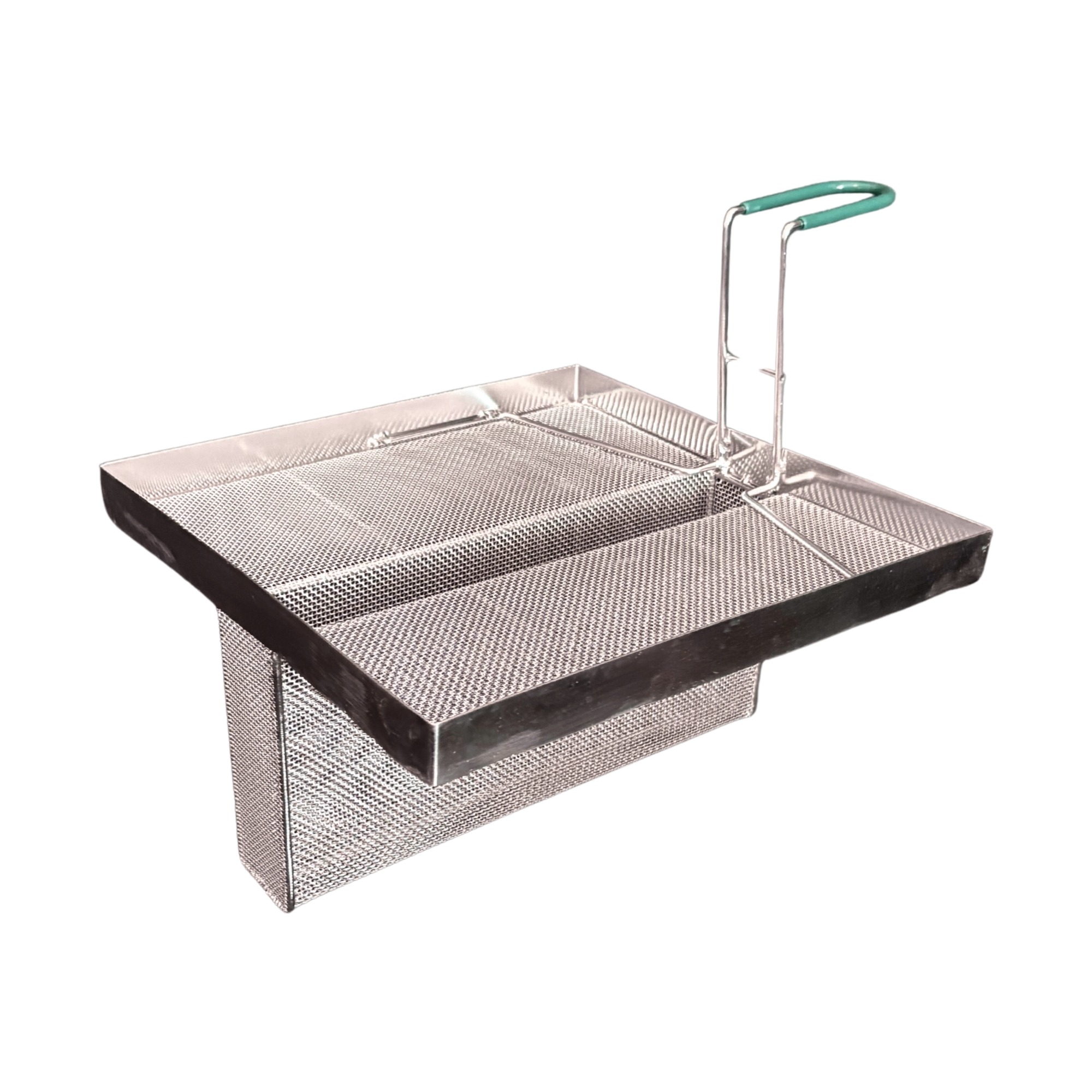 Sediment Tray with 6.3″ Deep Center Trough, Stainless Steel Mesh, 13.5″ x 13.5″, Green Handle - Image 6