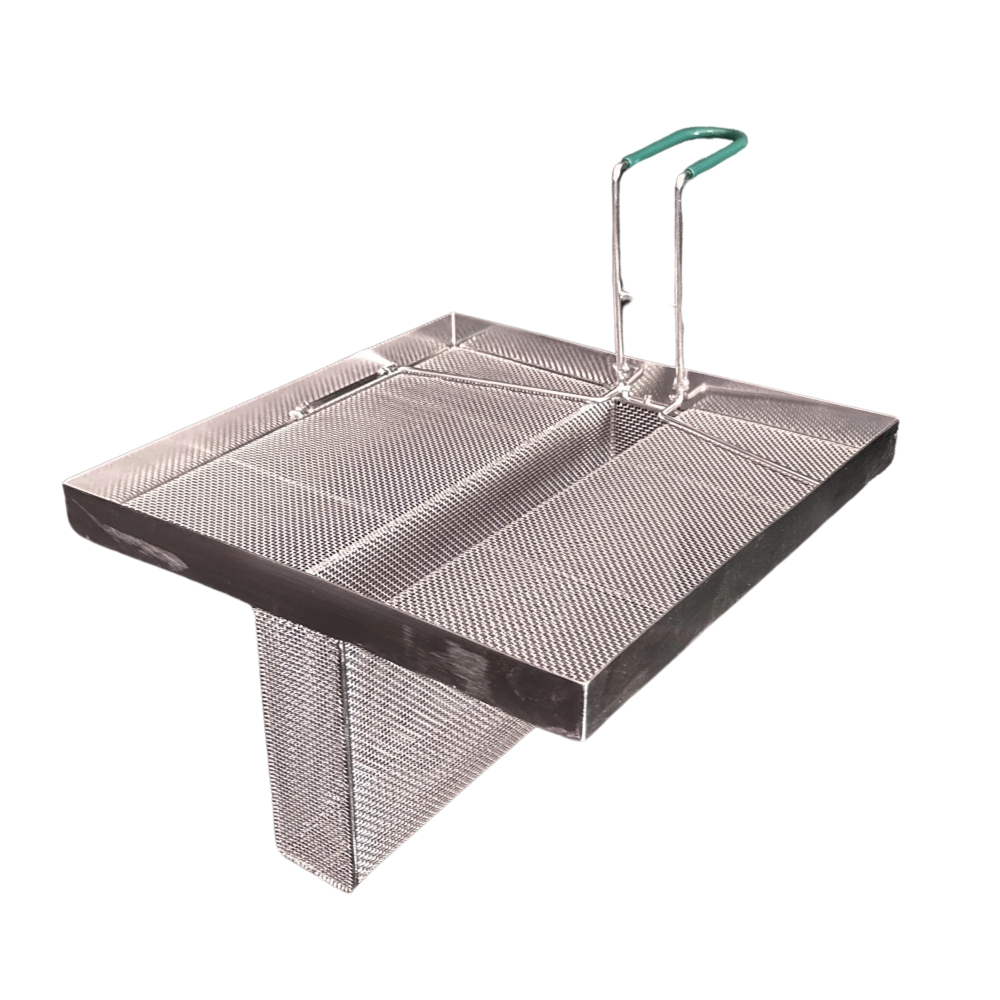 Sediment Tray with 6.3″ Deep Center Trough, Stainless Steel Mesh, 13.5″ x 13.5″, Green Handle - Image 7