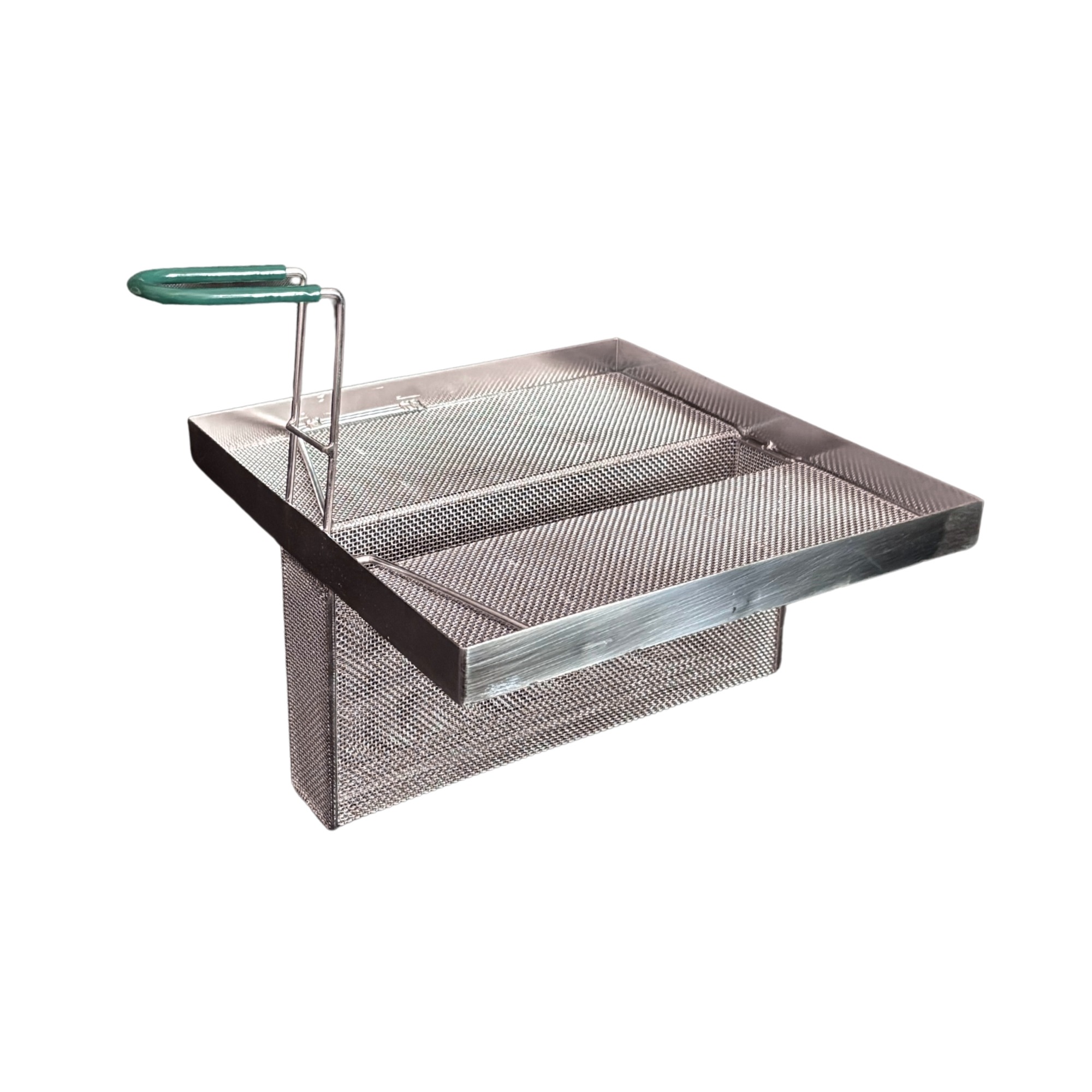 Sediment Tray with 6.3″ Deep Center Trough, Stainless Steel Mesh, 13.5″ x 13.5″, Green Handle - Image 8