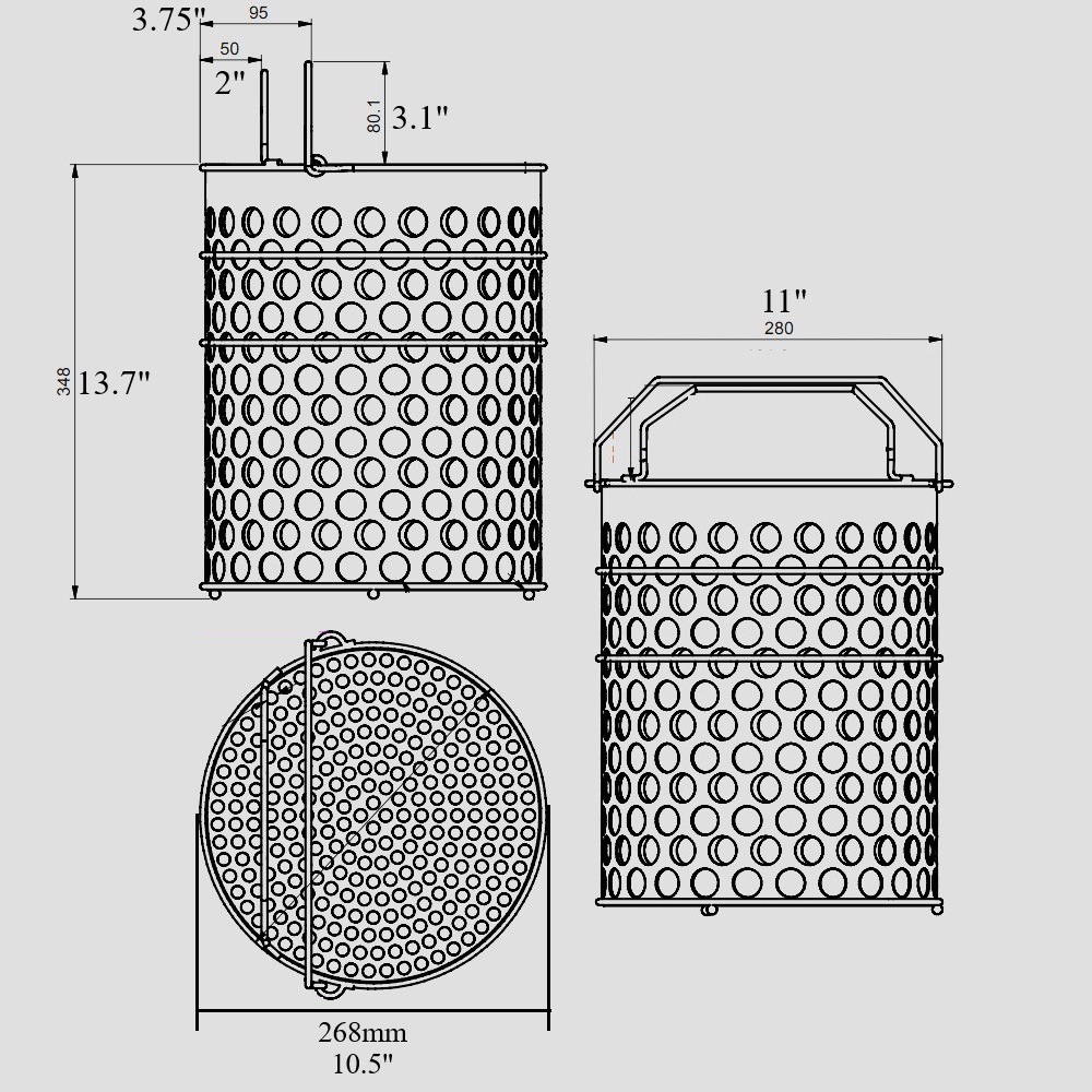 Fry Basket, Stainless Steel, Round, Perforated, 10.5″ Diameter x 13.7″ Height, Folding Top Handle - Image 4