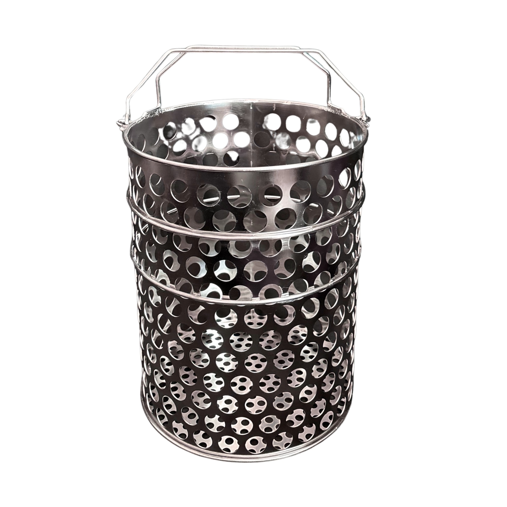 Fry Basket, Stainless Steel, Round, Perforated, 10.5″ Diameter x 13.7″ Height, Folding Top Handle