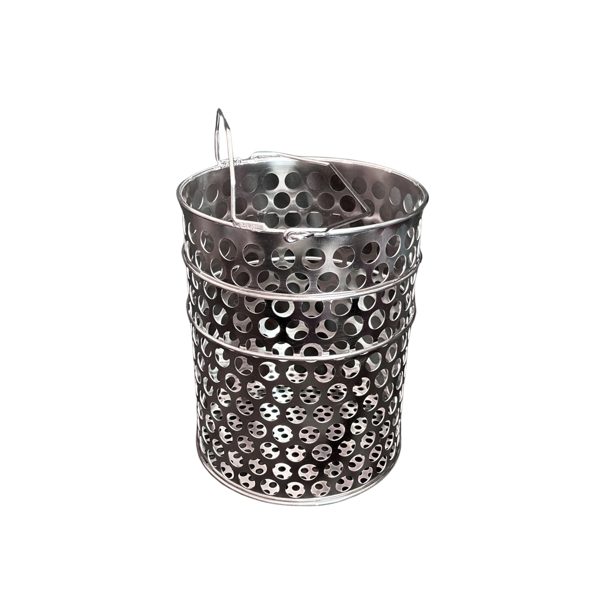 Fry Basket, Stainless Steel, Round, Perforated, 10.5″ Diameter x 13.7″ Height, Folding Top Handle - Image 2